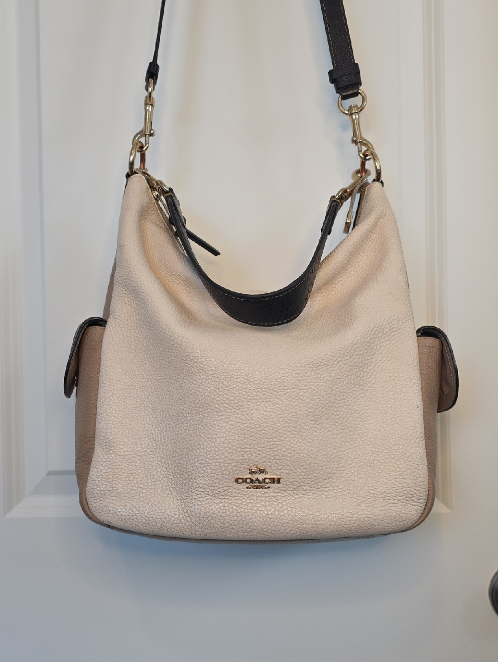 Coach Two-Tone Pebbled Leather Hobo in Cream and Brown Trim